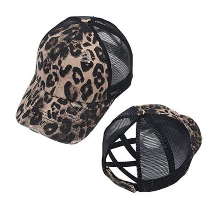 China COMMON Women Distressed Washed Leopard Printed Sports Mesh Trucker Hat Crisscross Ponytail Baseball Cap for sale