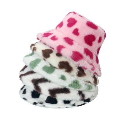 China Fashion New Arrival Custom Winter Warm Faux Fur Basin Hat Soft Plush Furry Heart Bucket Hats For Womens Girls for sale