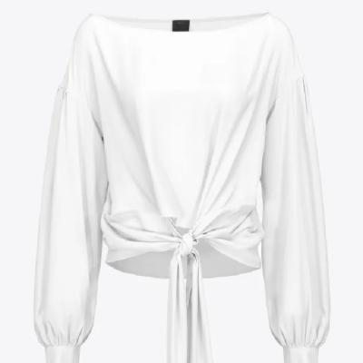 China Breathable Fashionable Round Neck White Silk Blend Tops With Belt At The Edge Elegant Women Tops for sale