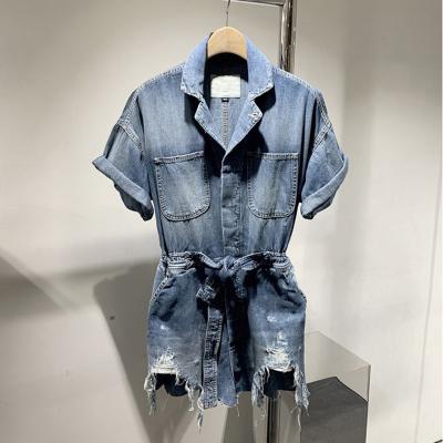 China Breathable 2021 Spring And New Summer Fashion Holes Design Soft Short Sleeve Denim Overalls for sale