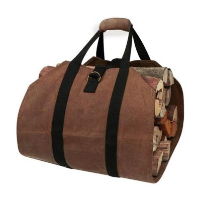 China Indoor Chimney Brown Firewood Carrier Waxed Firewood Canvas Log Carrier Camping Log Rack Holder Large Outdoor Wooden Bag for sale