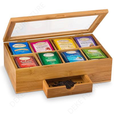 China Recyclable Bamboo Tea Storage Bag Organizer Box for Tea Holder Tea Bag with Clear Lid and Drawer for sale