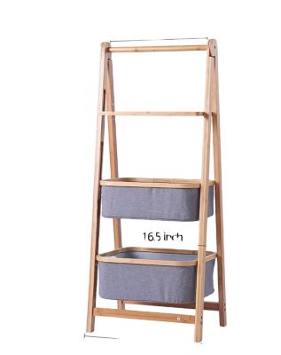 China Wall Stored Standing 3 Tier Bamboo Wall Shelf With Cloth Tissue Storage Bags Baskets for sale