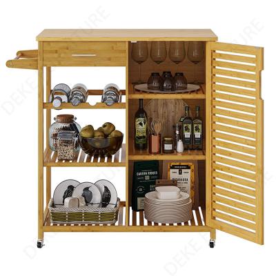 China 1 Door Bamboo Kitchen Storage 3 Tier Bamboo Serving Cart Cart With Wheels And Handle for sale