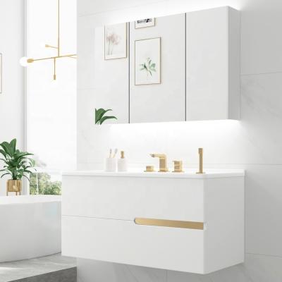 China Morden Modern Bathroom Vanity Cabinets Bathroom Pull Down Cabinet Set With LED Mirror White Wood for sale