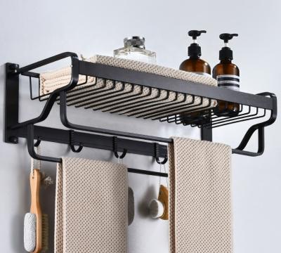 China Wall Mounted Type New Bathroom Shelf Rack Aluminum Alloy Towel Rack Shampoo Storage Organizer W Black Hanging Hook for sale