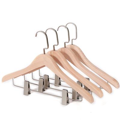 China Custom Natural Color Cloth Classical Standard Adult Solid Logo Wooden Hanger Wholesale Material Eco-Friendly Hangers With Clips for sale