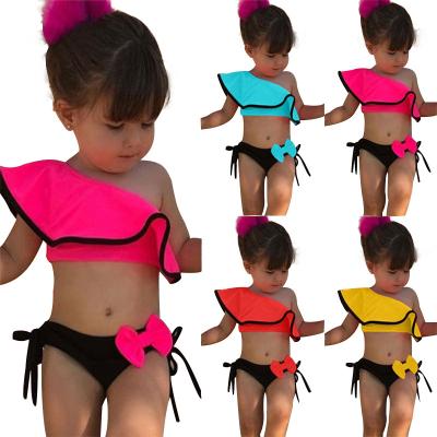 China Cute Fluorescent Color Girl Swimwear Babies Kids One Shoulder Breathable Bikini Wholesale Ruffle Bikini Swimwear Girls Swimwear for sale