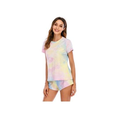 China Breathable New Design Comfortable Pajama Set Tie Dye Printed Women Short Sleeve Shirt And Shorts Set for sale