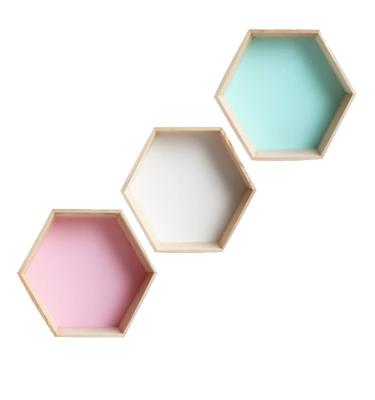 China Europe Wooden Honeycomb Hexagon Geometric Decor Wall Mounted Floating Shelves Racks for sale