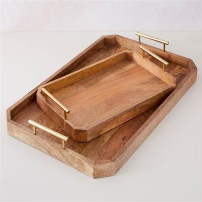 China Europe Tray For Ottomans Wooden Wedding decorative serving Tray With Polished Gold Metal handles for sale