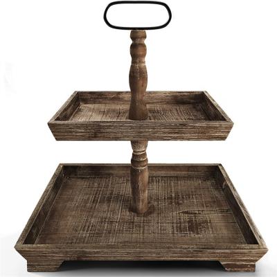 China Europe Wooden Tiered Tray Tiered Tray Stand Kitchen Decor Fruit Cake Farmhouse Hexagon Tray With Metal Handle for sale