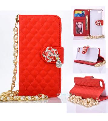 China Fashional Women's Camellias Flower With Pearl Chain Purse Wallet Case Snap Card Leather Phone Case For iphone7 7plus for sale