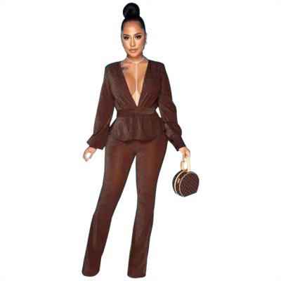 China FE204 New Style Women's Fashion Casual Solid Color Flashing Solid Color Flashing Deep V-Neckline Slim Casual Ruched Top and Pants Two-Piece Suit for sale