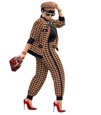 China 5401 QUICK DRY QUICK DRY Ladies Fashion Jacket + Houndstooth Print Casual Pants Suit Two Piece Set for sale