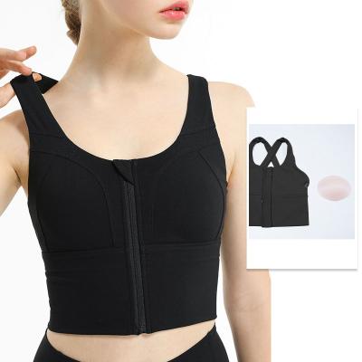 China 2021 Breathable New Quick Delivery Zipper Up Detachable Padded Fitness Gym Yoga Tank Top Cross Straps Crop Top Sports Bra Women for sale