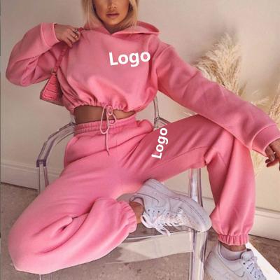 China Breathable Custom Logo 2 Piece Set Womens Outfits Hoodies Sweatpants Sets Ladies Joggers Crop Tracksuit Sweatsuit Fashion Tracksuit Top Plain for sale