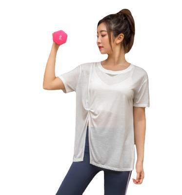 China 2021 New Side Wholesale Breathable Split Gym Fitness Breathable Running Tops Loose Casual Workout Sports Yoga Athleisure T-shirts Women for sale