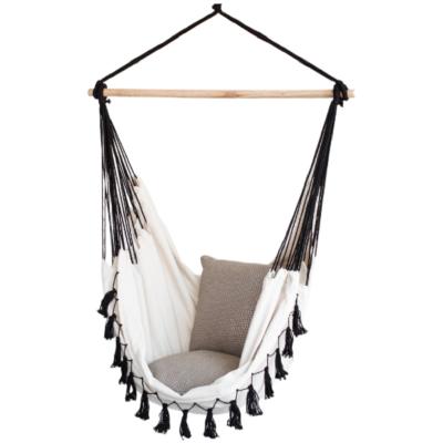 China Modern free swing chair with handmade lace and pillows for easy handling white fabric with black tassel for sale