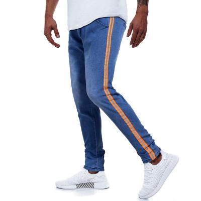 China QUICK DRY fabrication custom design jeans for men washed strap lines slim fit light blue denim mens jeans for sale