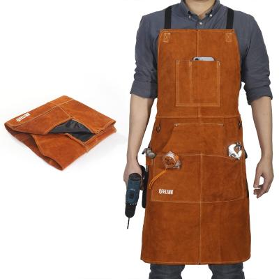 China Fire Resistant Leather Welding Work Apron with 6 Tool Pockets, Heat & Flame Resistant Apron, 24