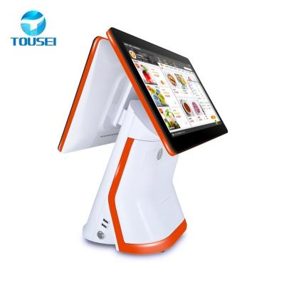 China SDK all in one 15.6” dual pos screens 15 inch barcode reader with touch system rear peripheral display and inbuilt printer for sale