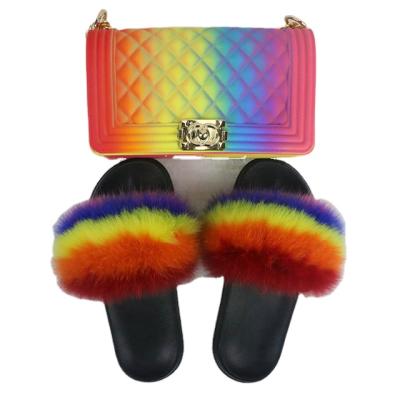 China New Product Design Flat Hot Selling Fur Slides And Purses Set for sale