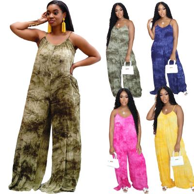 China YX-Y81327 Summer QUICK DRY v neck fashionable sling plus size loose soft women rompers 2021 loose leg tie dye jumpsuit sleeveless with pocktes for sale