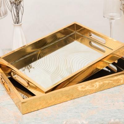 China Beautiful Restaurant Modern Luxury Decorative Gold Tray Home Custom Serving Tray Rectangular Mirrored Tray for sale