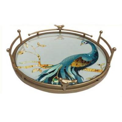 China Modern Luxury High Quality Wooden Bottom Metal Serving Tray Crystal Porcelain Peacock Tray for sale