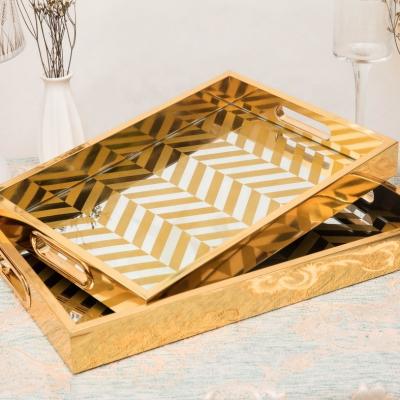 China Modern Luxury Glass Medium Decor Tray Serving With Handle Golden Decorative Tray Set Of 2 Of 3 Mirror Trays for sale