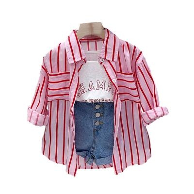 China 2023 summer new girls' breathable fashion Korean version striped long-sleeved shirt vest pants set children's three-piece suit for sale