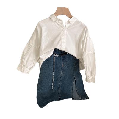 China Breathable girls spring new fashionable long-sleeved suit Korean version of the loose casual shirt jeans skirt two-piece set for sale