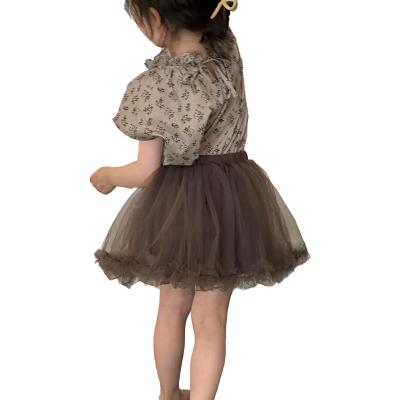 China Breathable Korean version of the fashion children's spring 2023 new vest two-piece set fashion sweet floral chic brown puffy skirt for sale