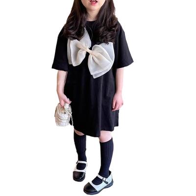 China Breathable Korean version of the new summer 2023 spring black children's T-shirt chic short-sleeved skirt and bow dress girls for sale