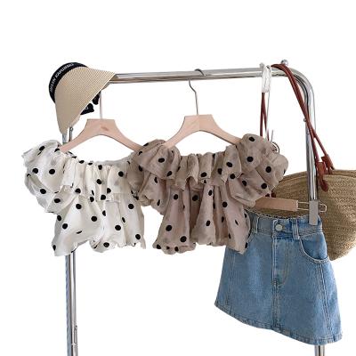 China French ruffled two-piece set summer one-shoulder niche temperament blouse breathable girls short-sleeved polka dot skirt half lattice for sale