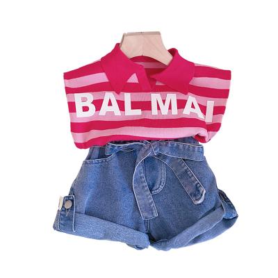 China The retro sleeveless T-shirt summer T-shirt breathable girl's POLO suit top pink collar striped jeans short style girls for sale