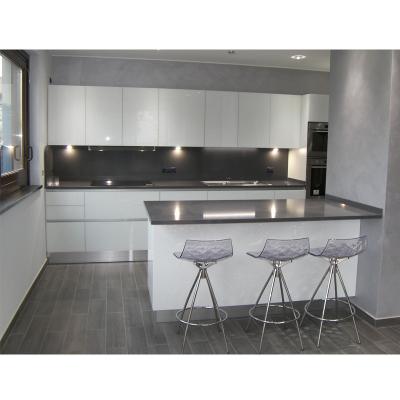 China Modern No Handle Glossy White HPL Kitchen Furniture With Island Sitting for sale