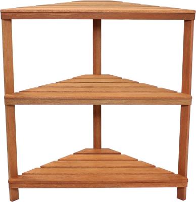 China (Size) Meranti Adjustable Wooden Planter Furniture 3-Tier Factory Corner Rack Shelves With Teak Oil Finish for sale