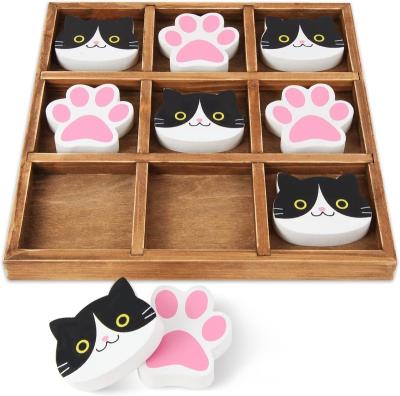 China Cat Themed Wood Tic Tac Toe Game Wooden 8 Inch Soft Cute Animal Game for sale