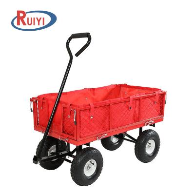 China Wholesale Garden Work Four Wheel Steel Garden Cart With Removable Sides With Pocket 300kg Capacity Red for sale