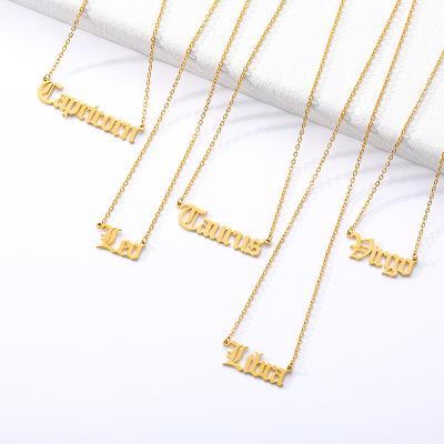 China Popular Even Casual 18k/Sporty Gold Coated Old Font English Horoscope 12 Zodiac Sign Pendant Chain Necklace Jewelry For Women Birthday Gift for sale