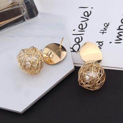 China Fashionable European Simple Geometric Metal Earrings Retro Beauty Ball Pearl Stud Earrings Braided Accessories Accessories for sale