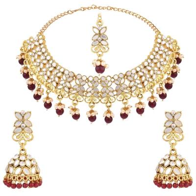 China Vintage 2022 Indian Bridal Jewelry Set Floral Crystal Faux Pearl Choker Necklace Set For Women Indian Wholesale Jewelry for sale