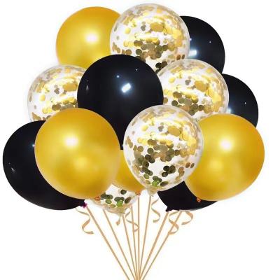 China Gift Toy 12 Inch 15 Pcs Latex Balloon Decoration Set (5 Gold 5 Black 5 Confetti Balloons Per Bag) for sale