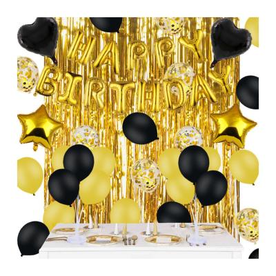 China Gift Toy Black and Gold Birthday Party Decoration Set with Happy Birthday Balloons Banner Foil Fringe Curtain for Birthday Party Supplies for sale