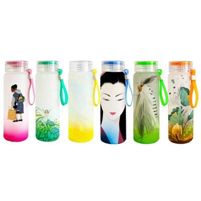 China Custom Viable Logo Rainbow Bottle Glass Tumbler Spirit Lid Tea Cup Drinking Water Coffee Drinking Water Colorful Sublimation Frosted Gradient for sale