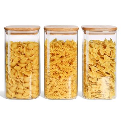 China Fashionable Airtight Stackable Storage Organizer Square Food Containers Jars Set Glass Jar with Bamboo Lid for sale