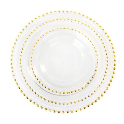 China Amazon Seller Hot Viable Round Clear Glass Gold Beaded Charger Dish Gold Rim Dinner Wedding for sale