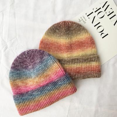 China New Design JOINT Manufacturer Gradient Mohair Knitted Hats For Women Mens Rainbow Wool Blend New Winter Warm Knitted Cold Beanie Hat for sale